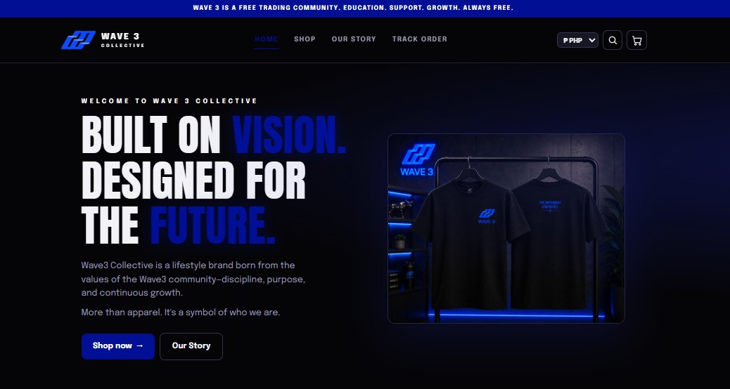 Wave3 Collective storefront homepage — editorial hero section on desktop