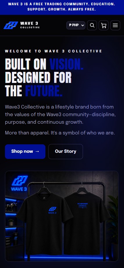 Wave3 Collective storefront homepage on mobile