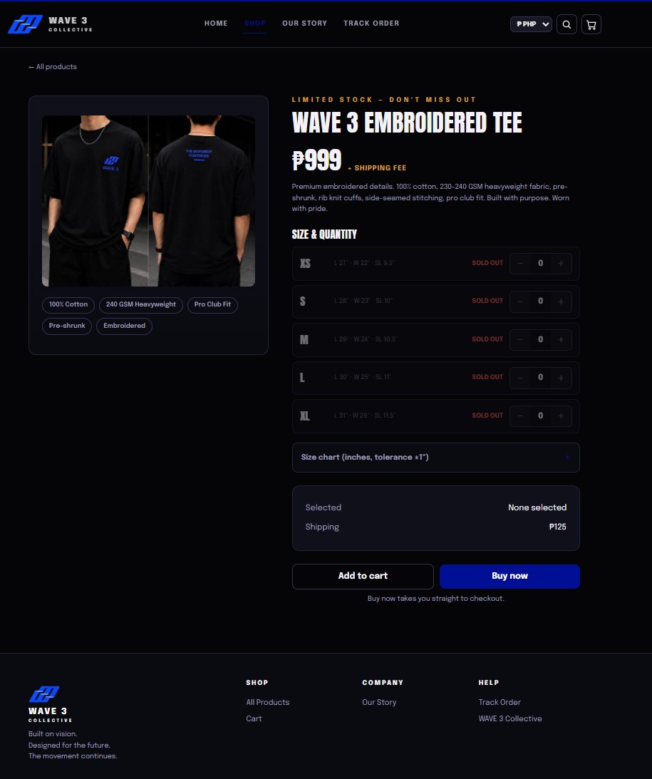 Product page with size and stock selection