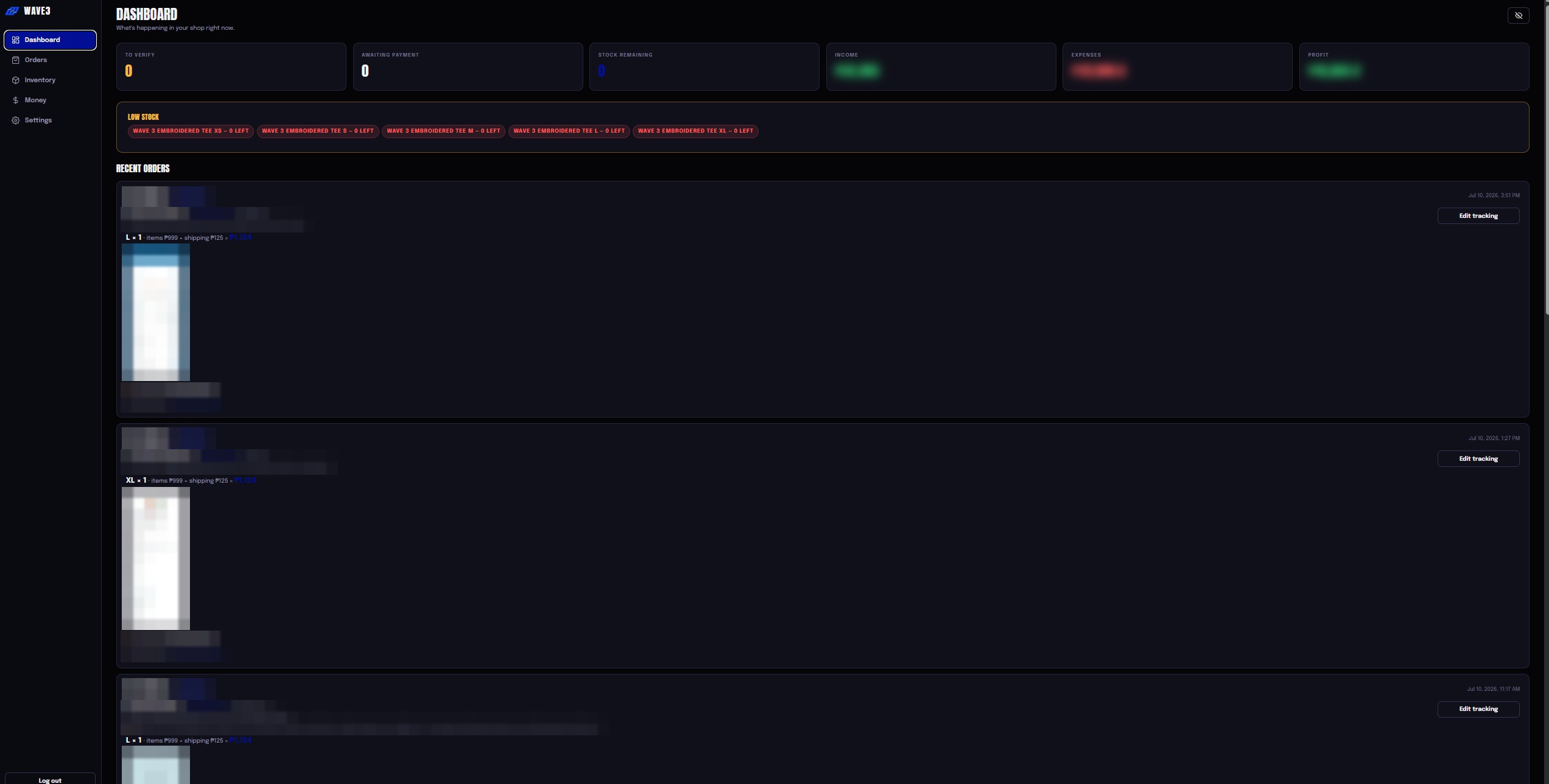 Wave3 admin CMS dashboard — orders, stock, income, expenses and net profit at a glance