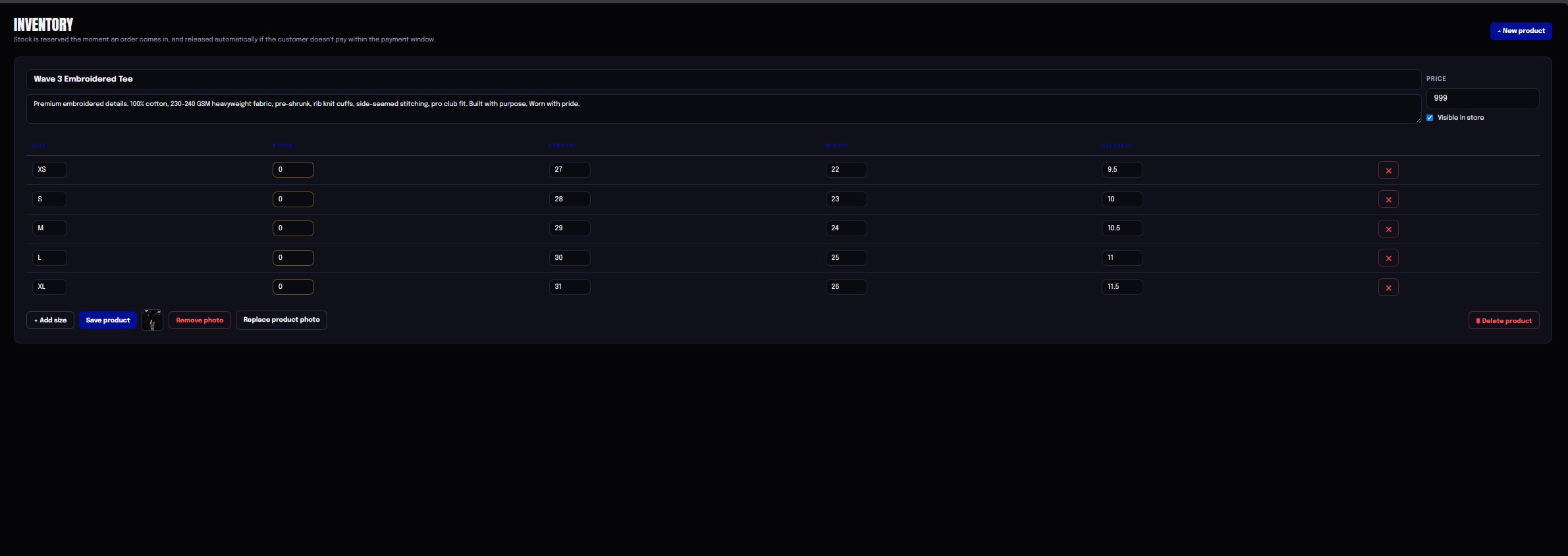 Wave3 admin CMS — per-size inventory management with low-stock alerts